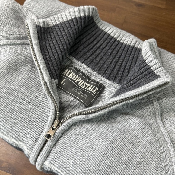 Aeropostale Mens Gray 1/4 Zip Mock Neck Knit Pullover Sweater Large Cotton - Picture 1 of 5